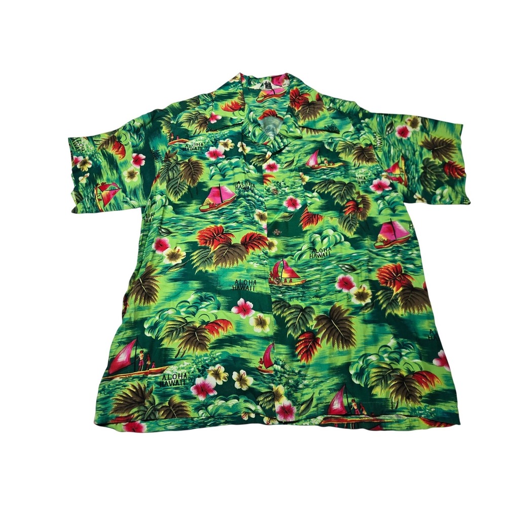 Vintage 70s Hawaiian Shirt Mens Large Green Tropical‎ Sailboat Rayon Japan